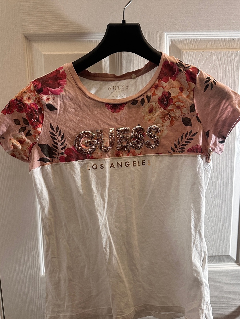 GUESS Pink Floral Sequin Logo Colorblock Short Sleeve Tee